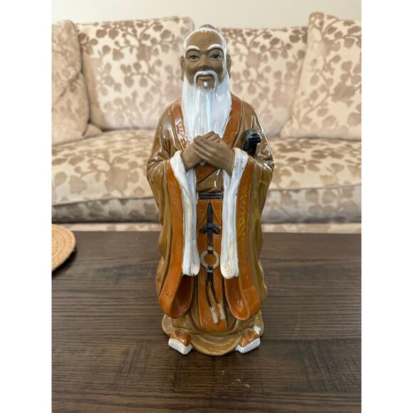 Chinese Shiwan Art Pottery Mudman Confucius with Walking Stick, 11.5” - Picture 6 of 8